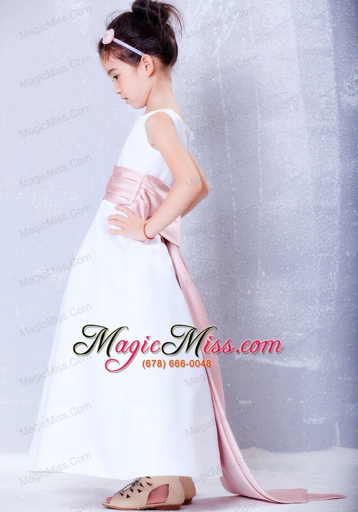 wholesale white and pink a-line scoop ankle-length taffeta sash flower girl dress
