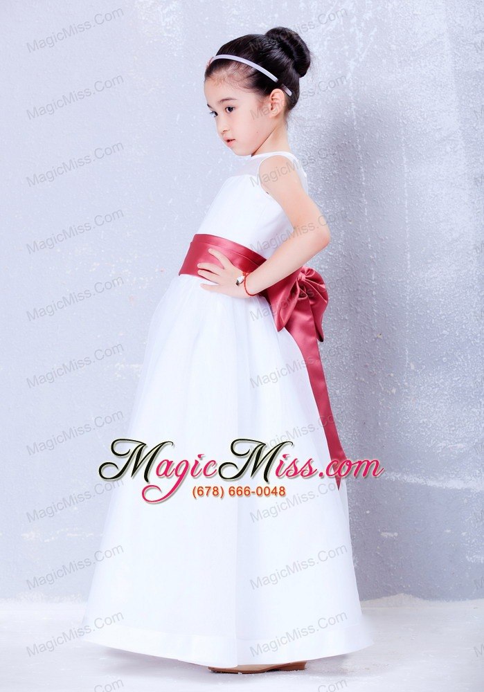 wholesale white and coral red a-line bateau ankle-length organza and taffeta bow flower girl dress