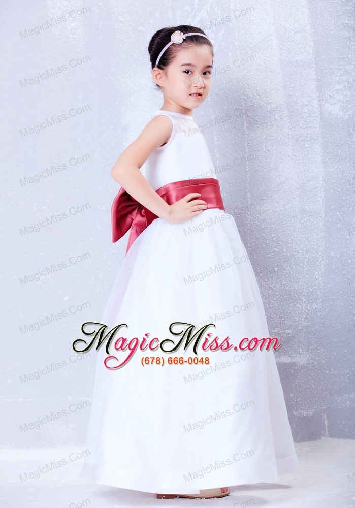wholesale white and coral red a-line bateau ankle-length organza and taffeta bow flower girl dress