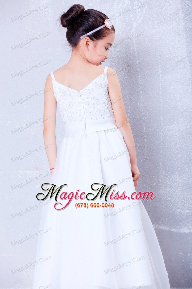 wholesale white a-line v-neck floor-length taffeta and organza beading flower girl dress