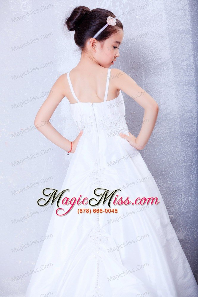 wholesale white a-line straps court train taffeta appliques flower girl dress