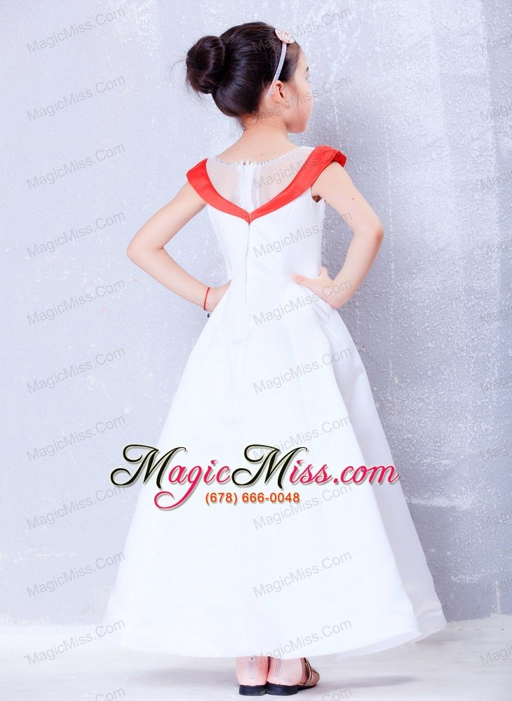 wholesale white and red a-line scoop ankle-length satin and organza embroidery flower girl dress