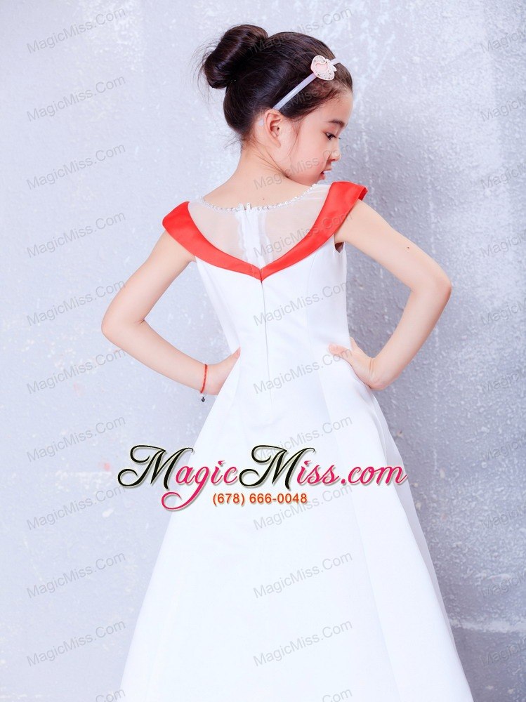 wholesale white and red a-line scoop ankle-length satin and organza embroidery flower girl dress