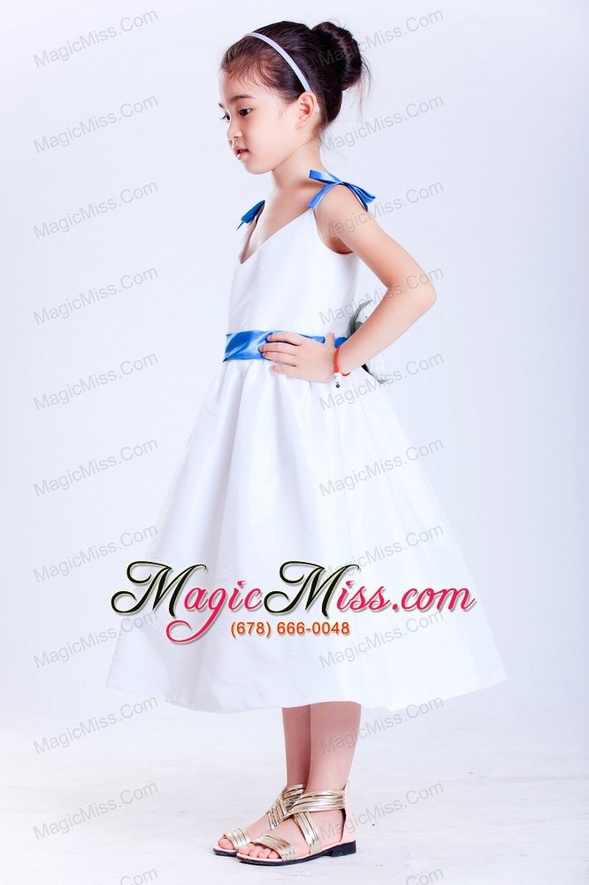 wholesale white and blue a-line v-neck tea-length taffeta bows flower girl dress