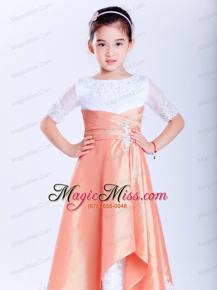 wholesale white and orange a-line scoop ankle-length taffeta and organza appliques flower girl dress