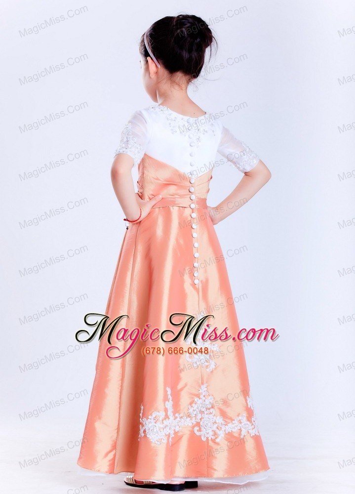 wholesale white and orange a-line scoop ankle-length taffeta and organza appliques flower girl dress