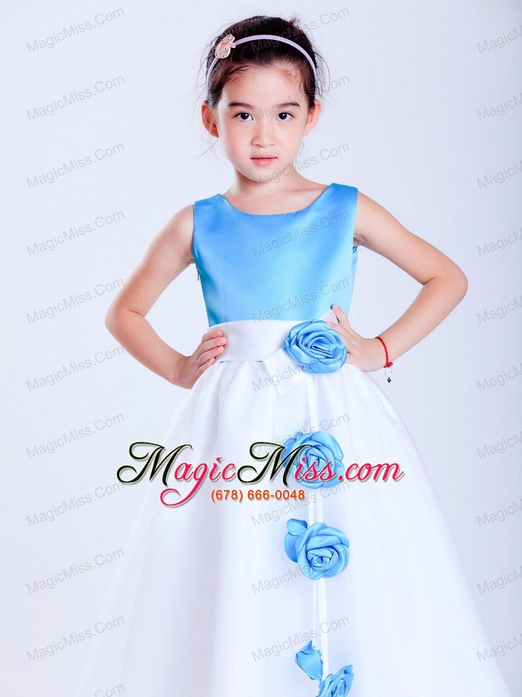 wholesale white and baby blue a-line scoop tea-length taffeta and organza hand made flowers flower girl dress
