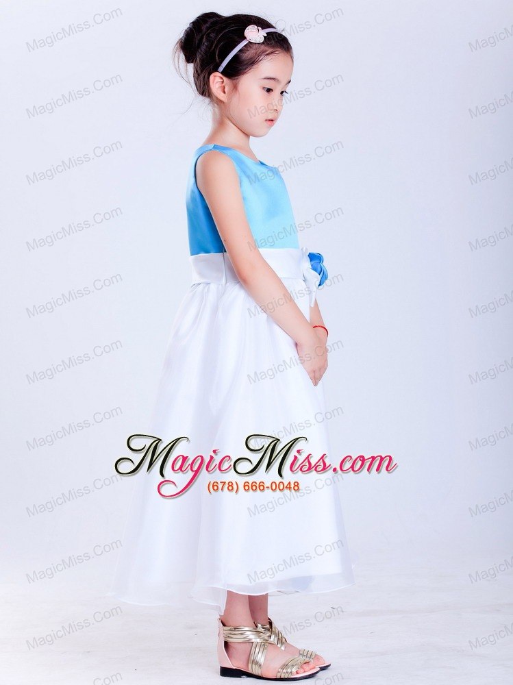 wholesale white and baby blue a-line scoop tea-length taffeta and organza hand made flowers flower girl dress