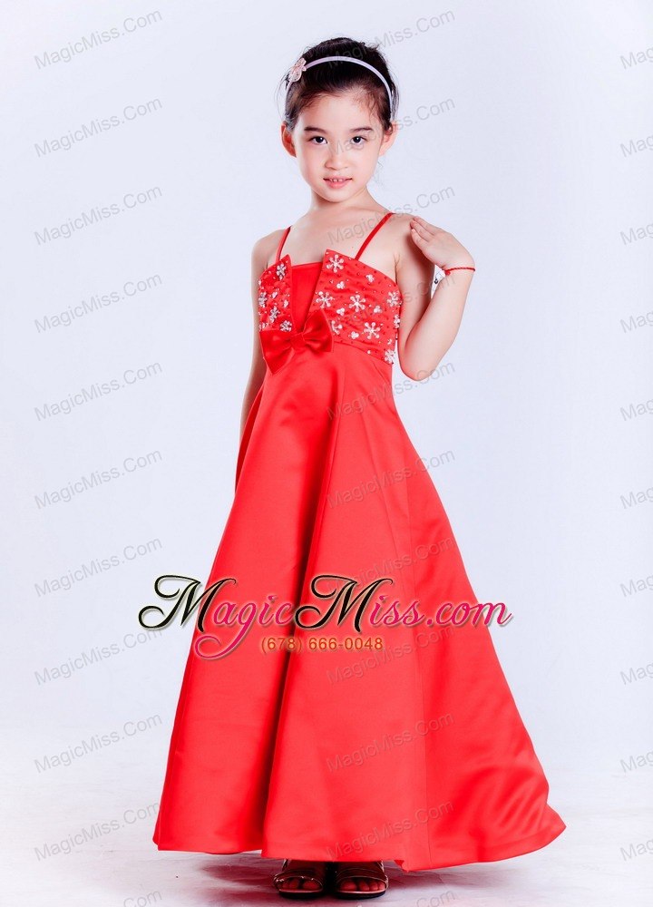 wholesale red a-line straps ankle-length taffeta beading flower girl dress