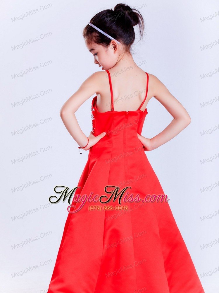 wholesale red a-line straps ankle-length taffeta beading flower girl dress