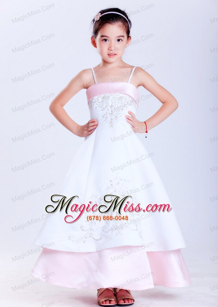 wholesale white and pink a-line straps ankle-length taffeta and satin embroidery flower girl dress