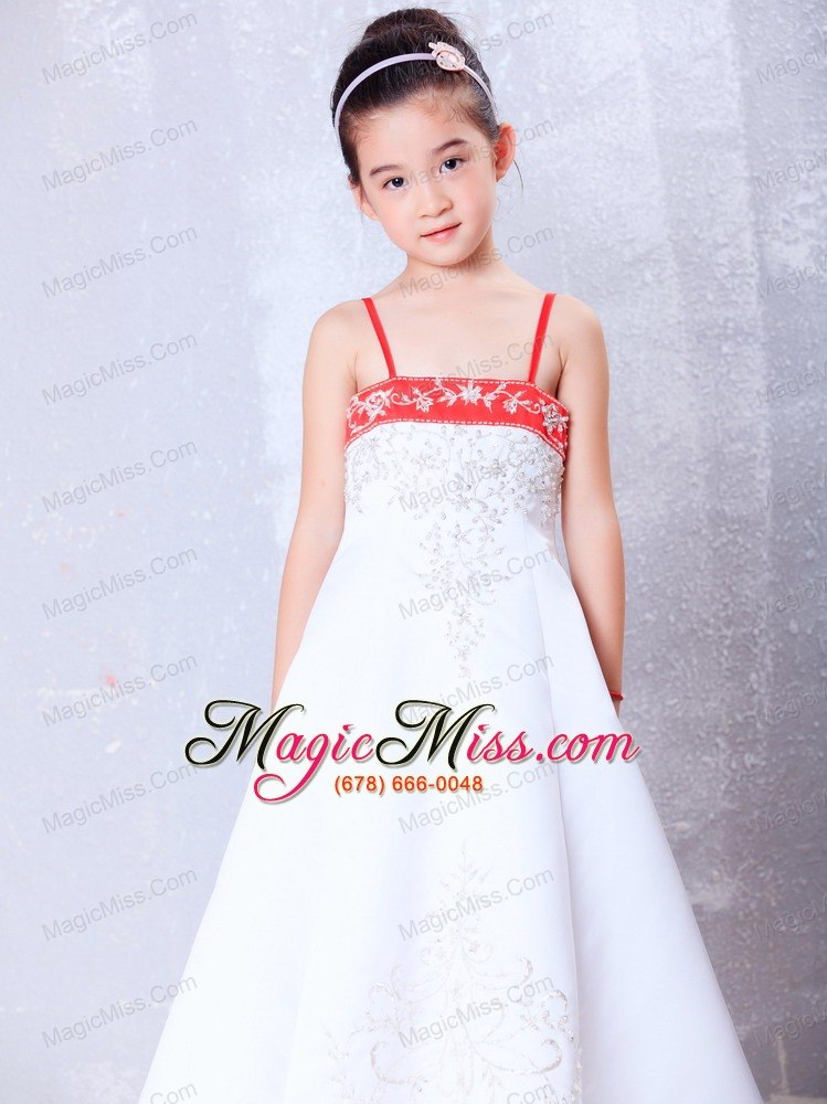wholesale white and red a-line straps ankle-length satin embroidery flower girl dress