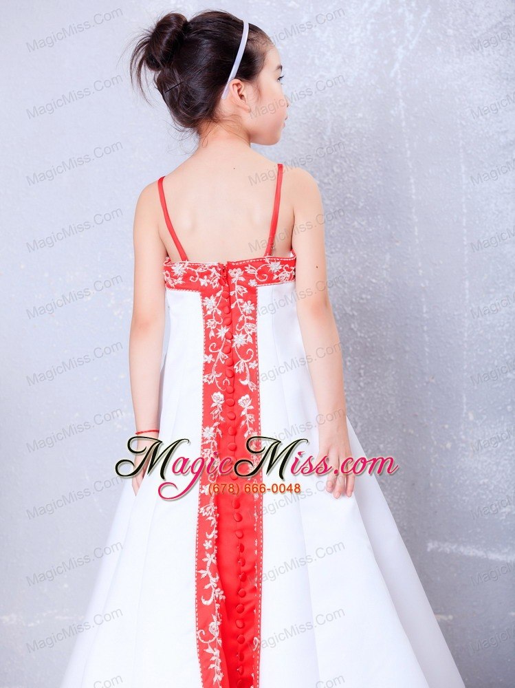 wholesale white and red a-line straps ankle-length satin embroidery flower girl dress