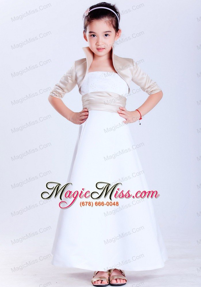 wholesale white a-line strapless ankle-length satin beading flower girl dress