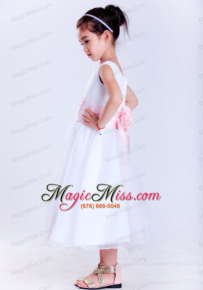 wholesale white and pink a-line scoop tea-length taffeta and organza hand made flower flower girl dress