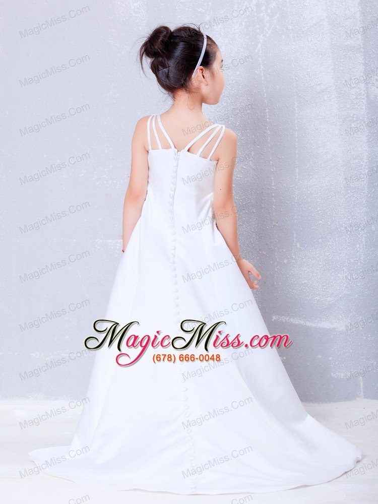 wholesale white a-line square brush train satin beading flower girl dress