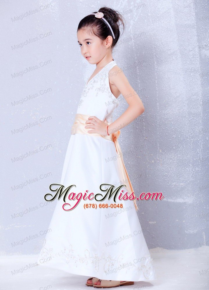 wholesale white a-line halter ankle-length satin embroidery flower girl dress