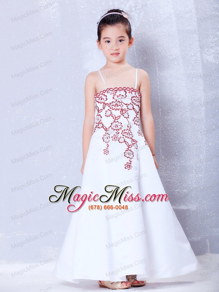 wholesale white a-line straps ankle-length satin embroidery flower girl dress