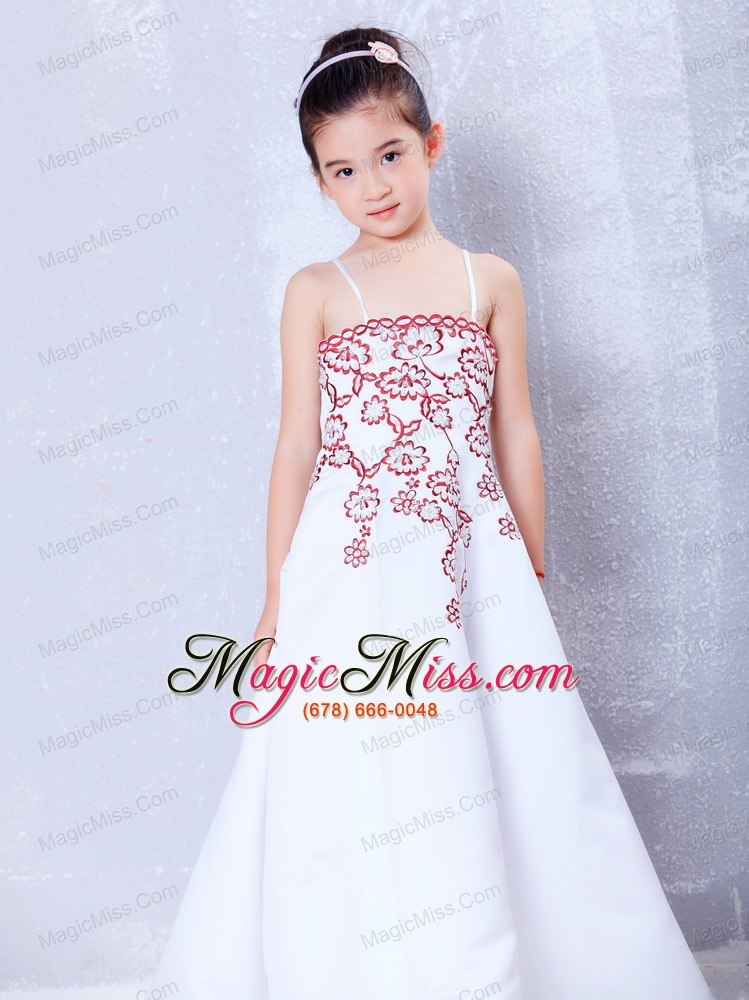 wholesale white a-line straps ankle-length satin embroidery flower girl dress