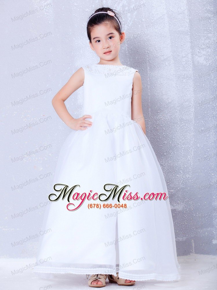 wholesale white a-line bateau ankle-length organza beading flower girl dress