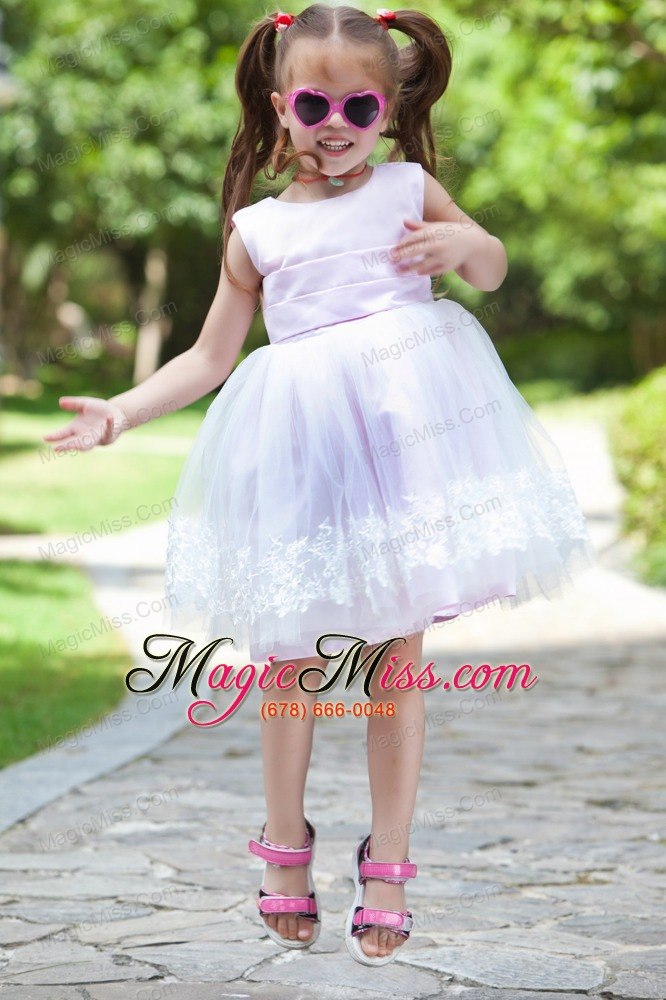 wholesale pink ball gown scoop tea-length taffeta and organza appliques flower girl dress