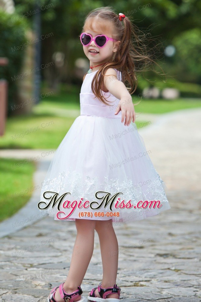 wholesale pink ball gown scoop tea-length taffeta and organza appliques flower girl dress