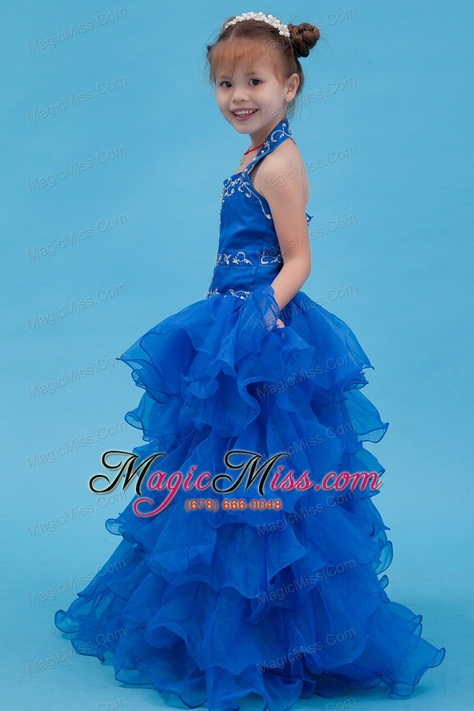 wholesale blue ball gown halter floor-length organza appliques flower girl dress