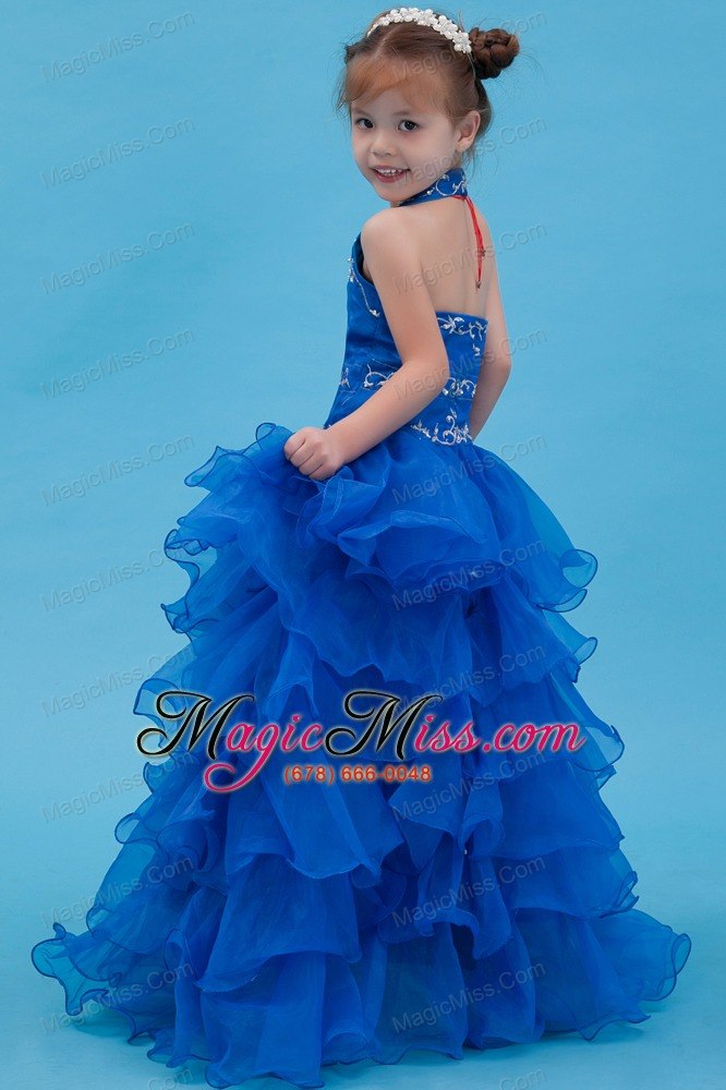 wholesale blue ball gown halter floor-length organza appliques flower girl dress