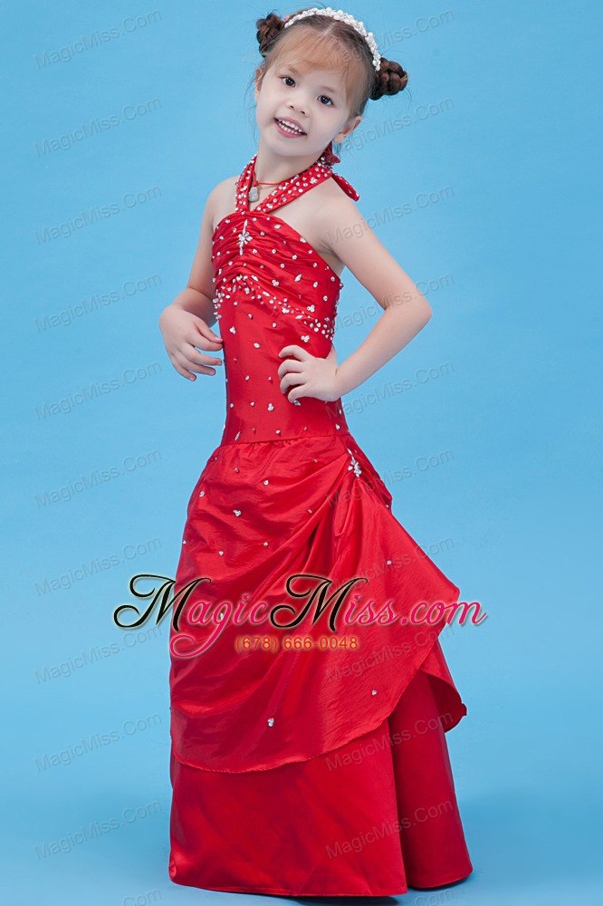 wholesale red a-line halter floor-length taffeta beading flower girl dress