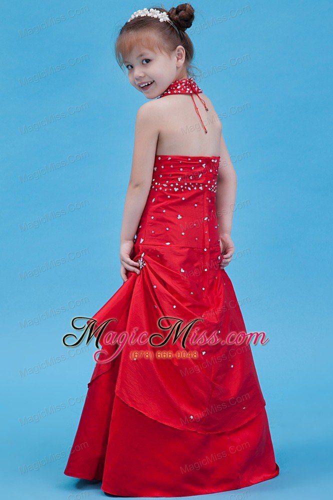 wholesale red a-line halter floor-length taffeta beading flower girl dress