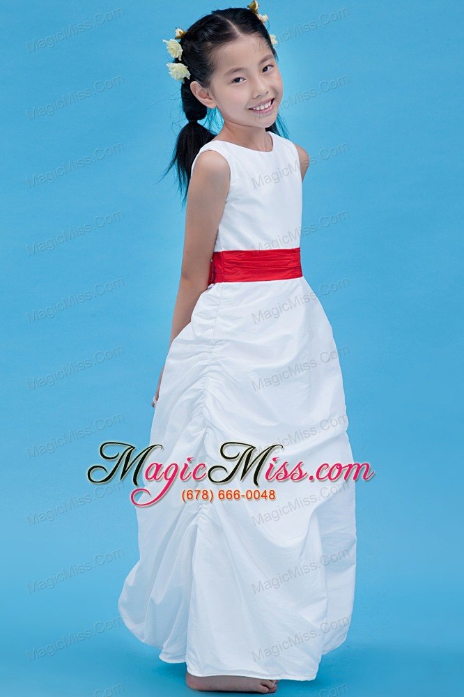 wholesale white column scoop ankle-length taffeta belt flower girl dress