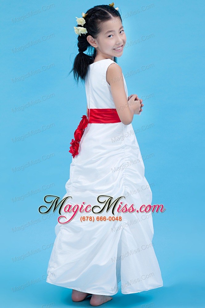 wholesale white column scoop ankle-length taffeta belt flower girl dress
