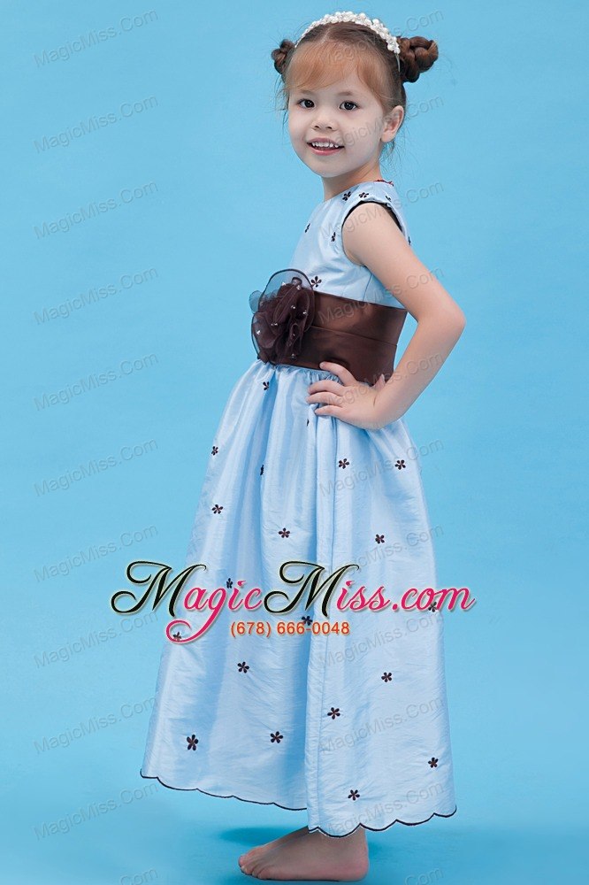 wholesale baby blue a-line scoop ankle-length taffeta appliques flower girl dress