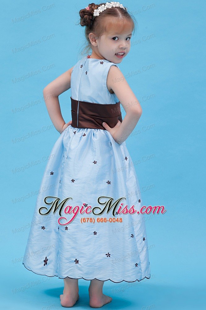 wholesale baby blue a-line scoop ankle-length taffeta appliques flower girl dress