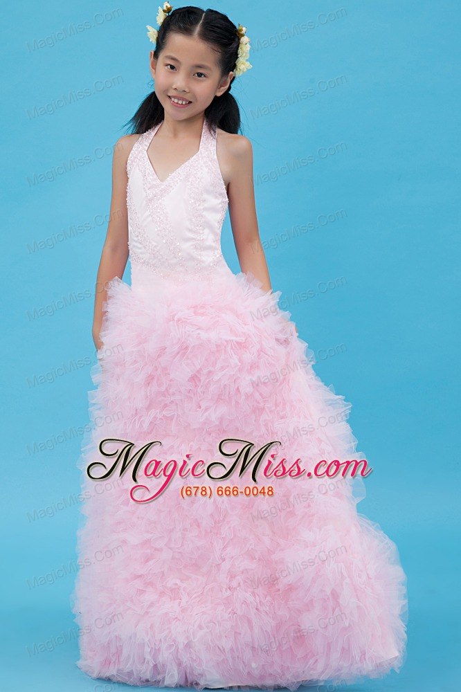 wholesale baby pink a-line halter floor-length tulle beading flower girl dress
