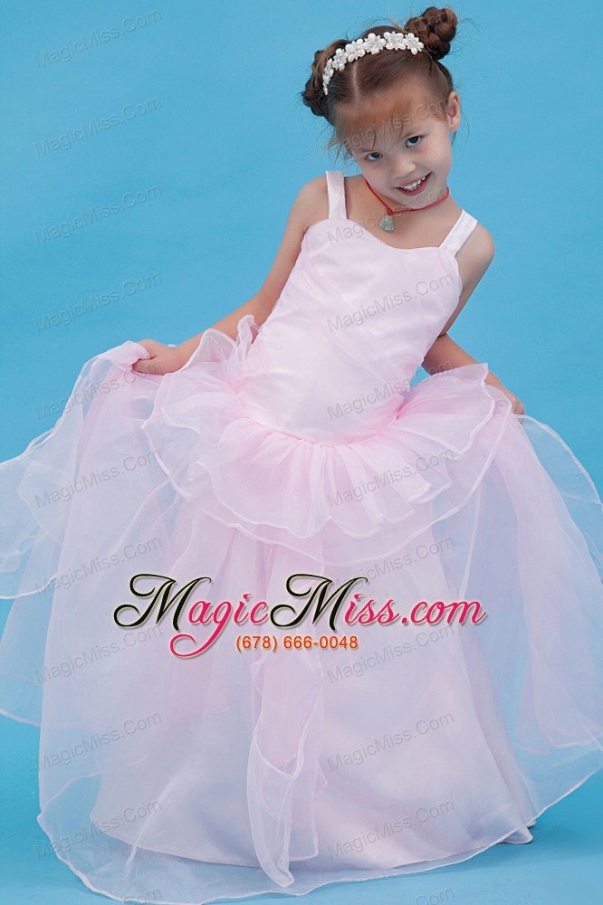 wholesale baby pink a-line straps floor-length organza flower girl dress