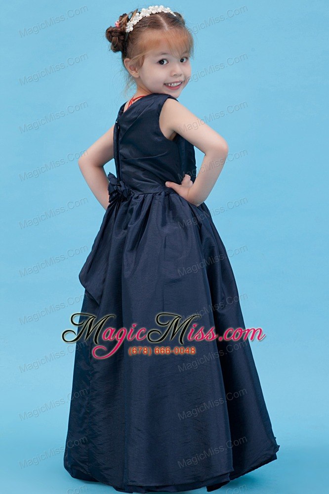 wholesale navy blue a-line v-neck floor-length taffeta flower girl dress