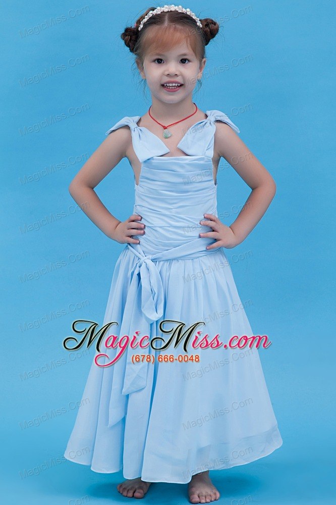 wholesale baby blue a-line straps ankle-length chiffon ruch flower girl dress
