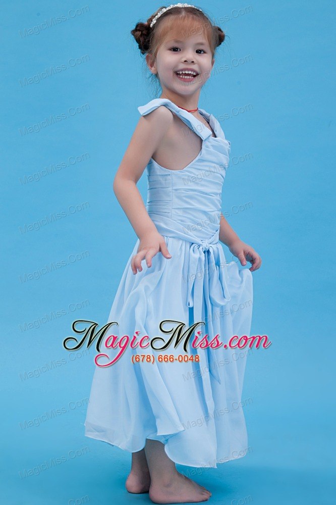 wholesale baby blue a-line straps ankle-length chiffon ruch flower girl dress