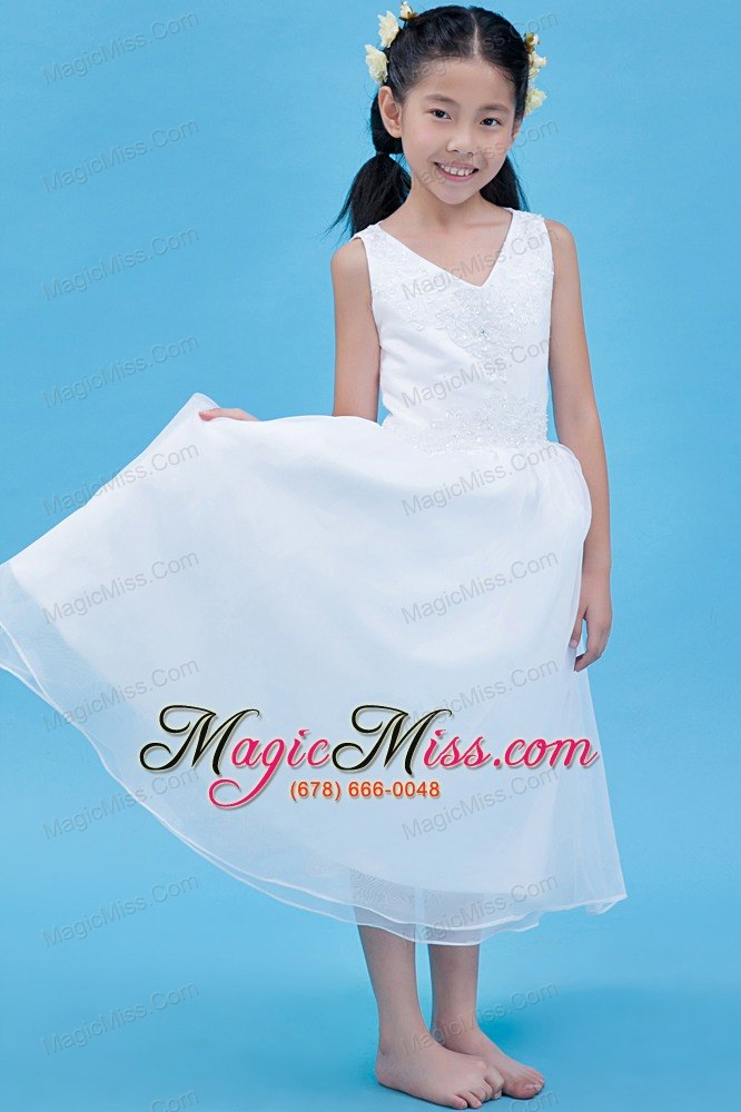 wholesale white a-line v-neck ankle-length organza appliques flower girl dress