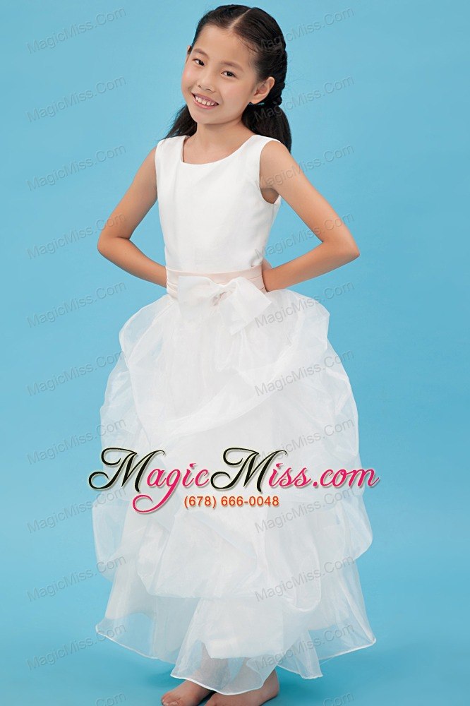 wholesale white a-line scoop ankle-length organza sash flower girl dress