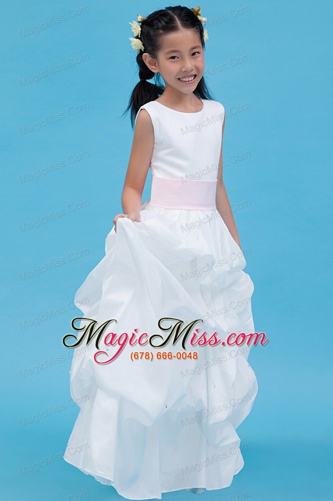wholesale white a-line scoop floor-length taffeta belt flower girl dress