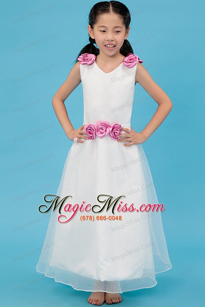 wholesale white a-line v-neck ankle-length organza hand made flowers flower girl dress