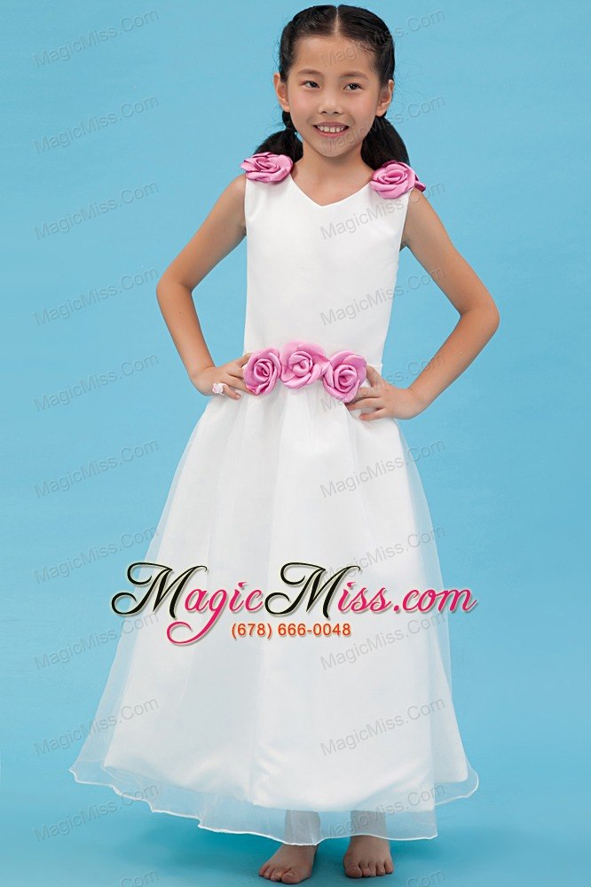 wholesale white a-line v-neck ankle-length organza hand made flowers flower girl dress