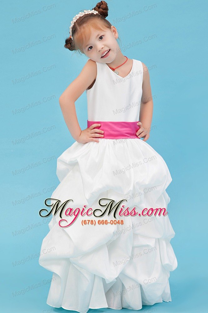 wholesale white a-line v-neck ankle-length taffeta belt flower girl dress