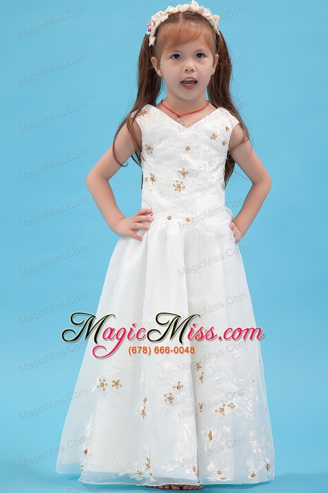 wholesale white a-line v-neck floor-length organza appliques flower girl dress