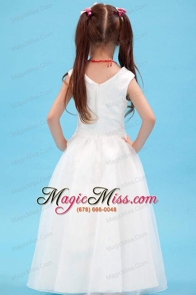 wholesale white a-line v-neck floor-length organza appliques flower girl dress