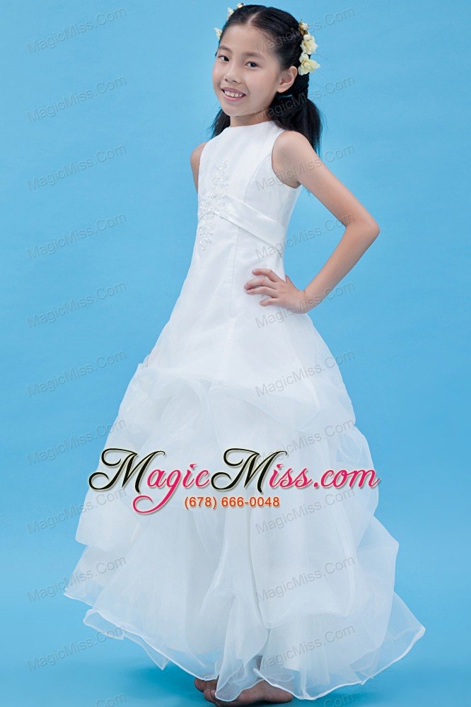 wholesale white a-line scoop ankle-length organza appliques flower girl dress