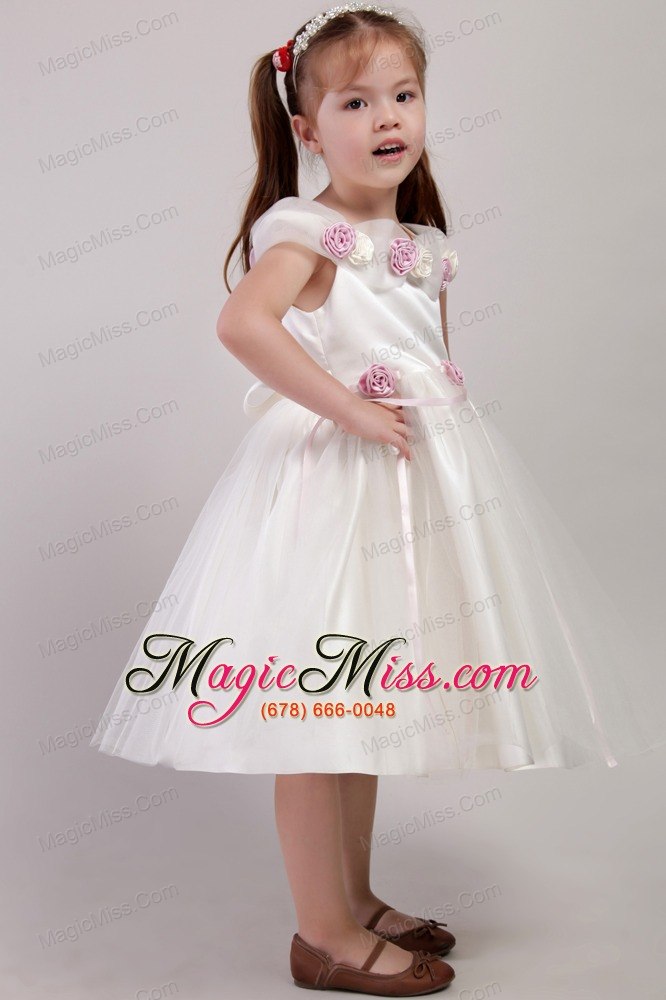 wholesale white a-line square tea-length tulle handle made flowers little girl dress