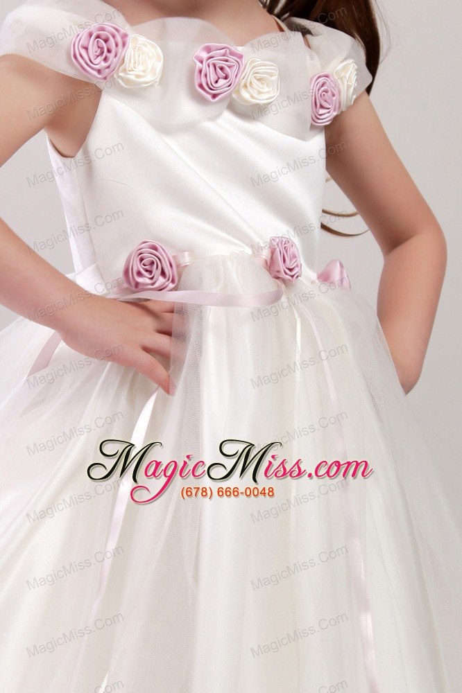 wholesale white a-line square tea-length tulle handle made flowers little girl dress